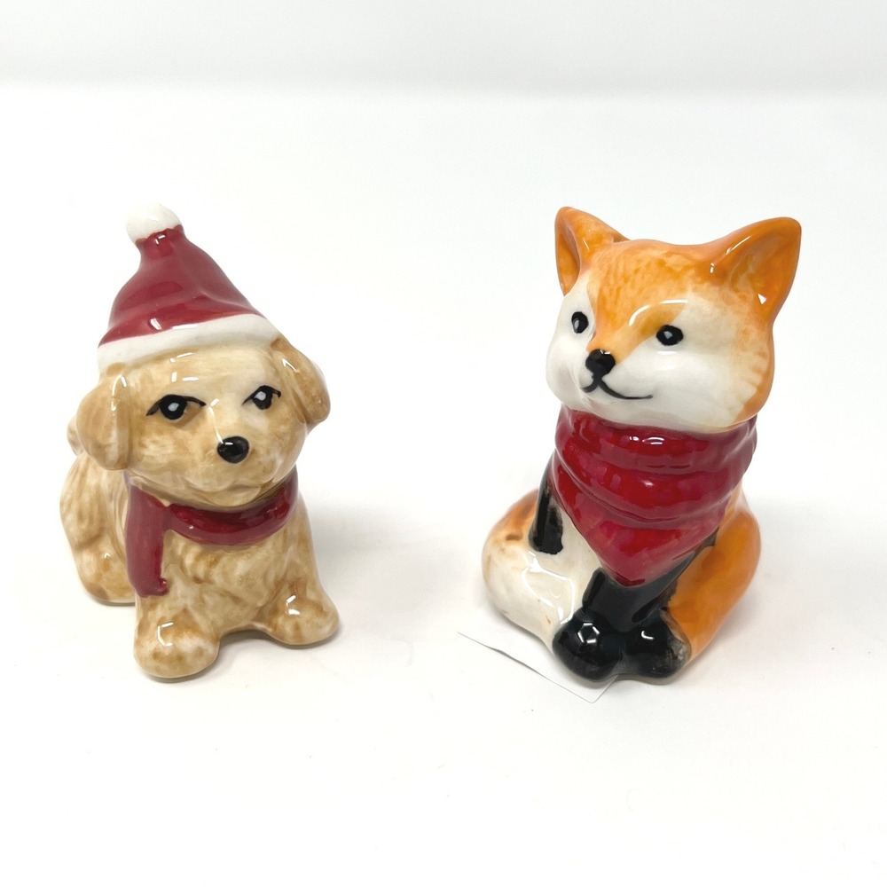 Ceramic Miniature Dog and Fox Salt & Pepper Shakers Set Christmas Winter Holiday